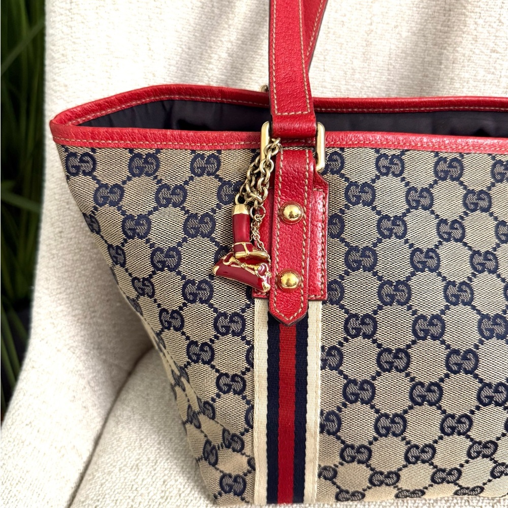 Authentic Gucci Sherry Line tote bag grey canvas red leather - Picture 3 of 16
